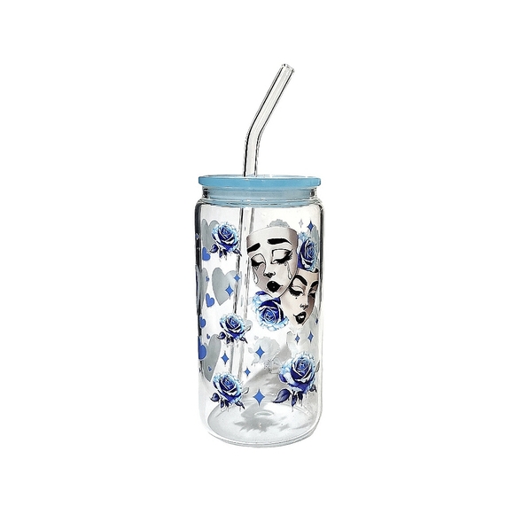 Smile Now Cry Later Roses Glass Tumbler Cup 16oz Blue - Picture 2 of 5